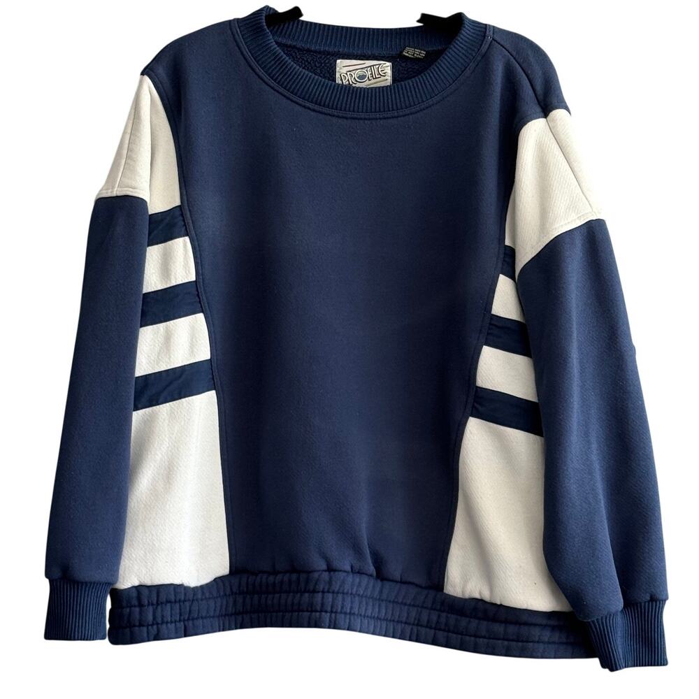 VINTAGE Profile Colorblock Sweatshirt Navy White Retro Crewneck 80s Measured Fit